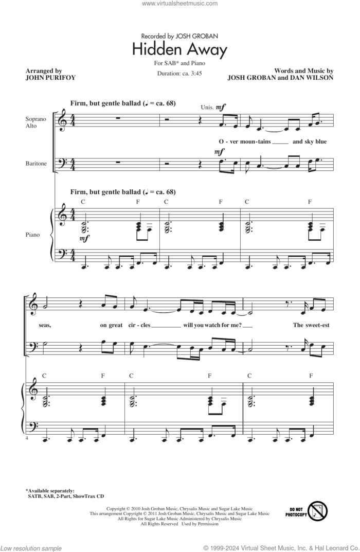 Hidden Away (arr. John Purifoy) sheet music for choir (SAB: soprano, alto, bass) by Josh Groban, John Purifoy and Dan Wilson, intermediate skill level