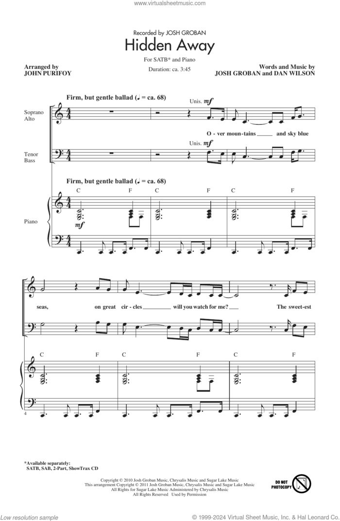 Hidden Away (arr. John Purifoy) sheet music for choir (SATB: soprano, alto, tenor, bass) by Josh Groban, John Purifoy and Dan Wilson, intermediate skill level