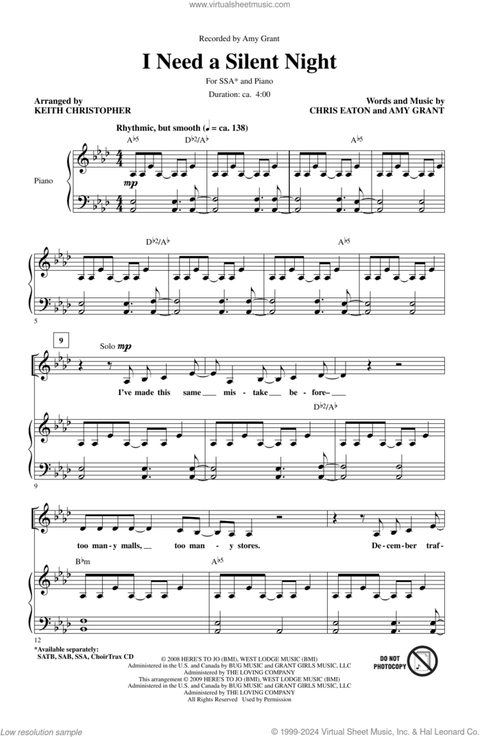 I Need A Silent Night (arr. Keith Christopher) sheet music for choir (SSA: soprano, alto) by Amy Grant, Keith Christopher and Chris Eaton, intermediate skill level