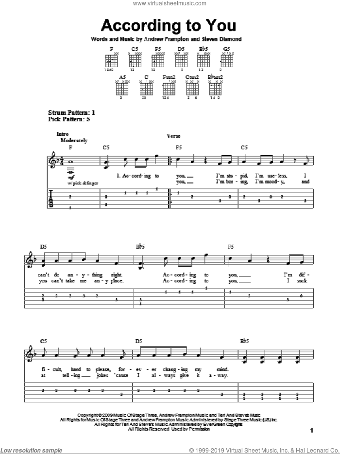According To You sheet music for guitar solo (easy tablature) by Orianthi, Andrew Frampton and Steve Diamond, easy guitar (easy tablature)
