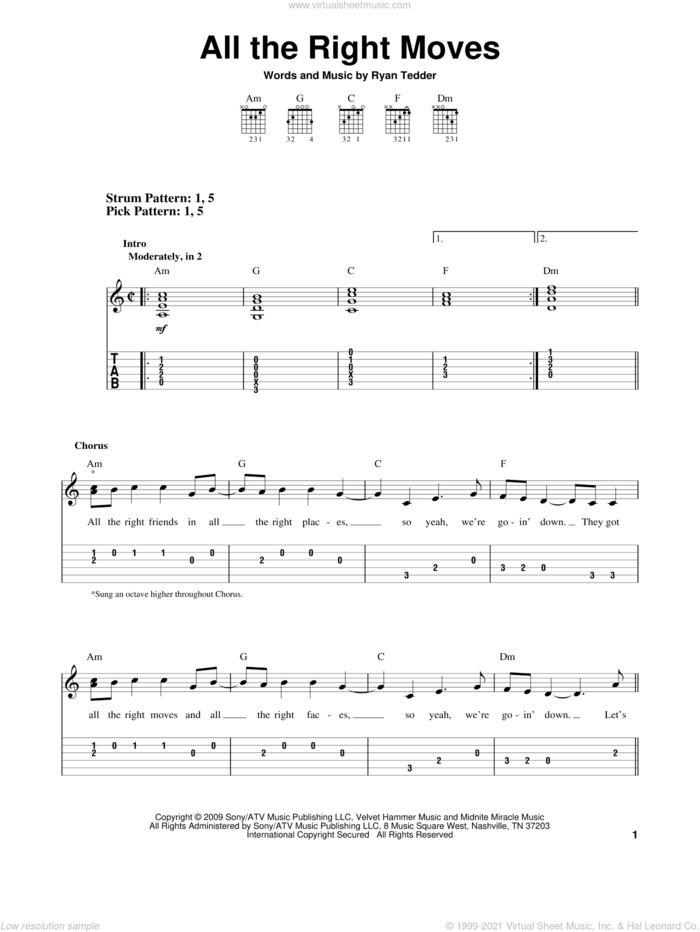 All The Right Moves sheet music for guitar solo (easy tablature) by OneRepublic and Ryan Tedder, easy guitar (easy tablature)
