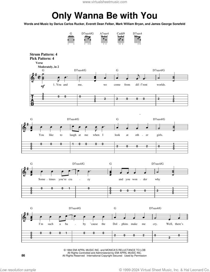 Only Wanna Be With You sheet music for guitar solo (easy tablature) by Hootie & The Blowfish, Darius Carlos Rucker, Everett Dean Felber, James George Sonefeld and Mark William Bryan, easy guitar (easy tablature)