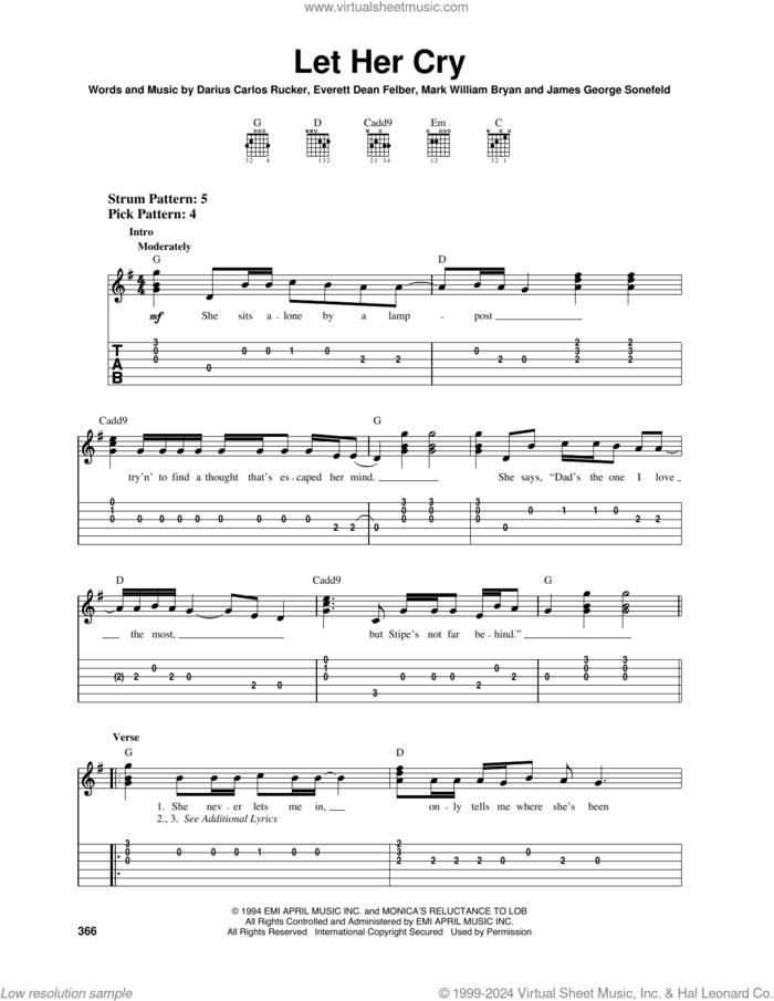 Let Her Cry sheet music for guitar solo (easy tablature) by Hootie & The Blowfish, Darius Rucker, Dean Felber, Jim Sonefeld and Mark Bryan, easy guitar (easy tablature)