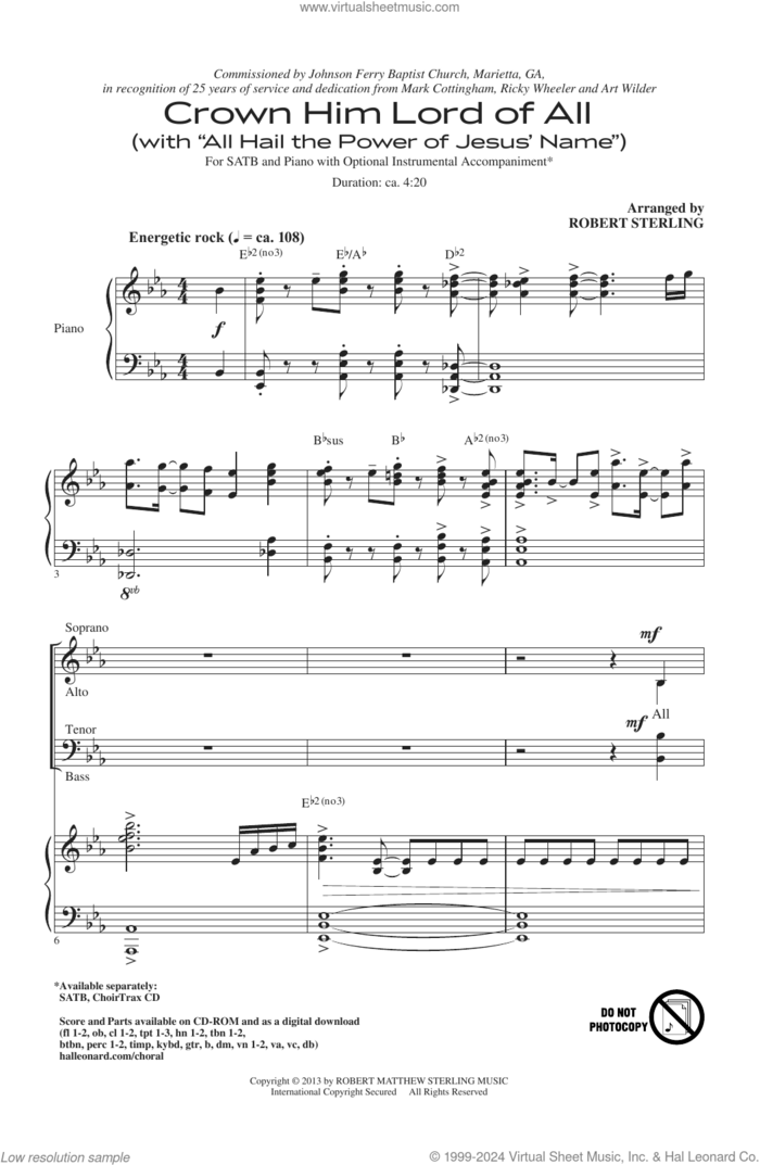 Crown Him Lord Of All (with All Hail The Power Of Jesus' Name) sheet music for choir (SATB: soprano, alto, tenor, bass) by Robert Sterling, Edward Perronet and Oliver Holden, intermediate skill level