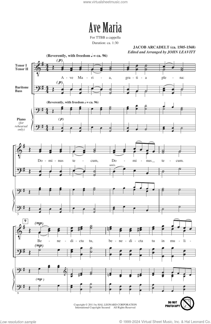 Ave Maria (arr. John Leavitt) sheet music for choir (TTBB: tenor, bass) by Jacob Arcadelt and John Leavitt, intermediate skill level