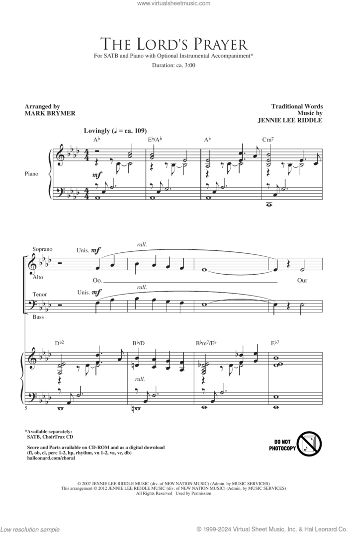 The Lord's Prayer (arr. Mark Brymer) sheet music for choir (SATB: soprano, alto, tenor, bass) by Jennie Lee Riddle, Mark Brymer and Miscellaneous, intermediate skill level