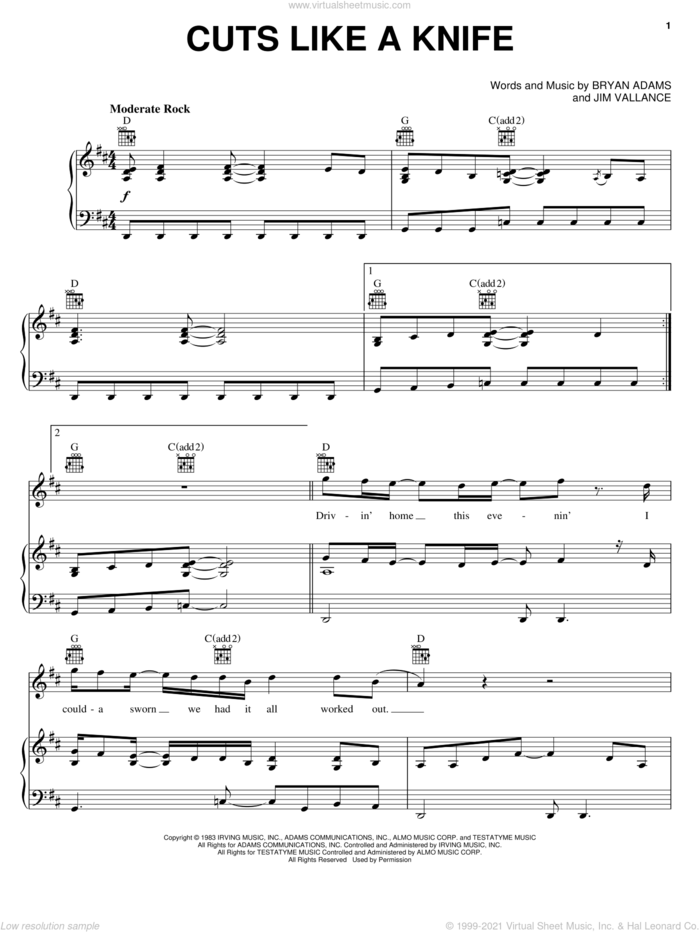 Cuts Like A Knife sheet music for voice, piano or guitar by Bryan Adams and Jim Vallance, intermediate skill level