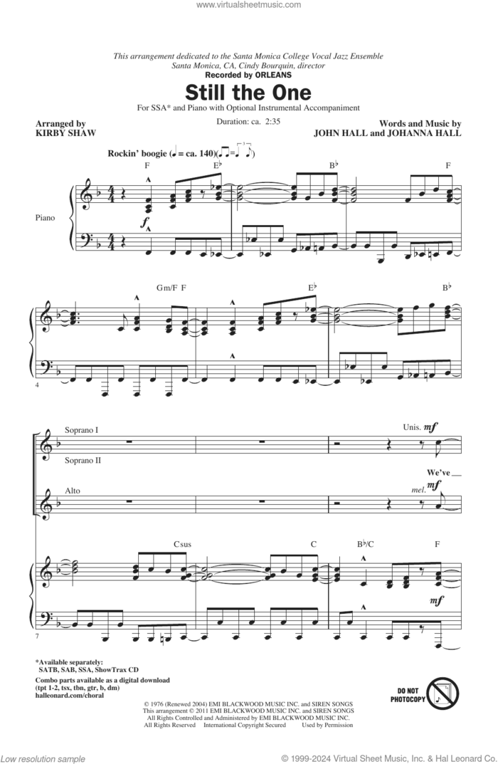 Still The One (arr. Kirby Shaw) sheet music for choir (SSA: soprano, alto) by Orleans, Kirby Shaw, Johanna Hall and John Hall, intermediate skill level