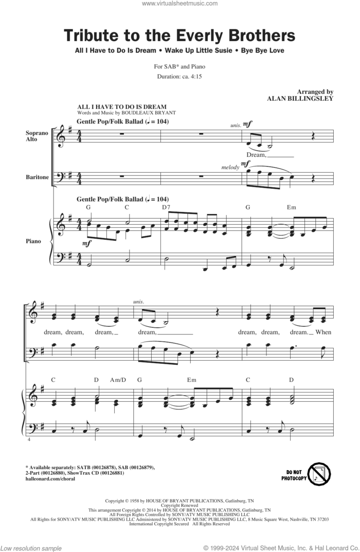 Tribute To The Everly Brothers (arr. Alan Billingsley) sheet music for choir (SAB: soprano, alto, bass) by Everly Brothers, Alan Billingsley, Boudleaux Bryant and Felice Bryant, intermediate skill level