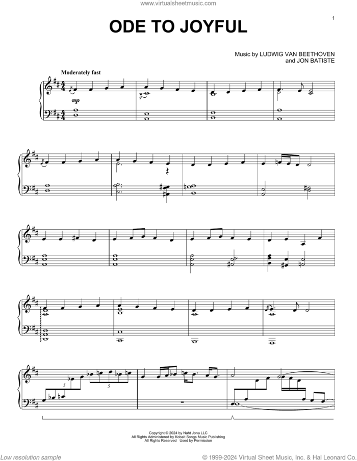 Ode To Joyful sheet music for piano solo by Jon Batiste and Ludwig Van Beethoven, classical score, intermediate skill level