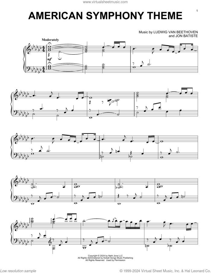 American Symphony Theme sheet music for piano solo by Jon Batiste and Ludwig Van Beethoven, classical score, intermediate skill level