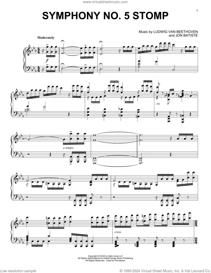 Symphony No. 5 Stomp sheet music for piano solo by Jon Batiste and Ludwig Van Beethoven, classical score, intermediate skill level