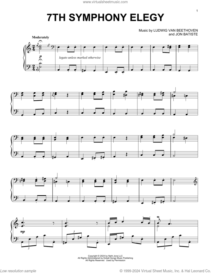 7th Symphony Elegy sheet music for piano solo by Jon Batiste and Ludwig Van Beethoven, classical score, intermediate skill level