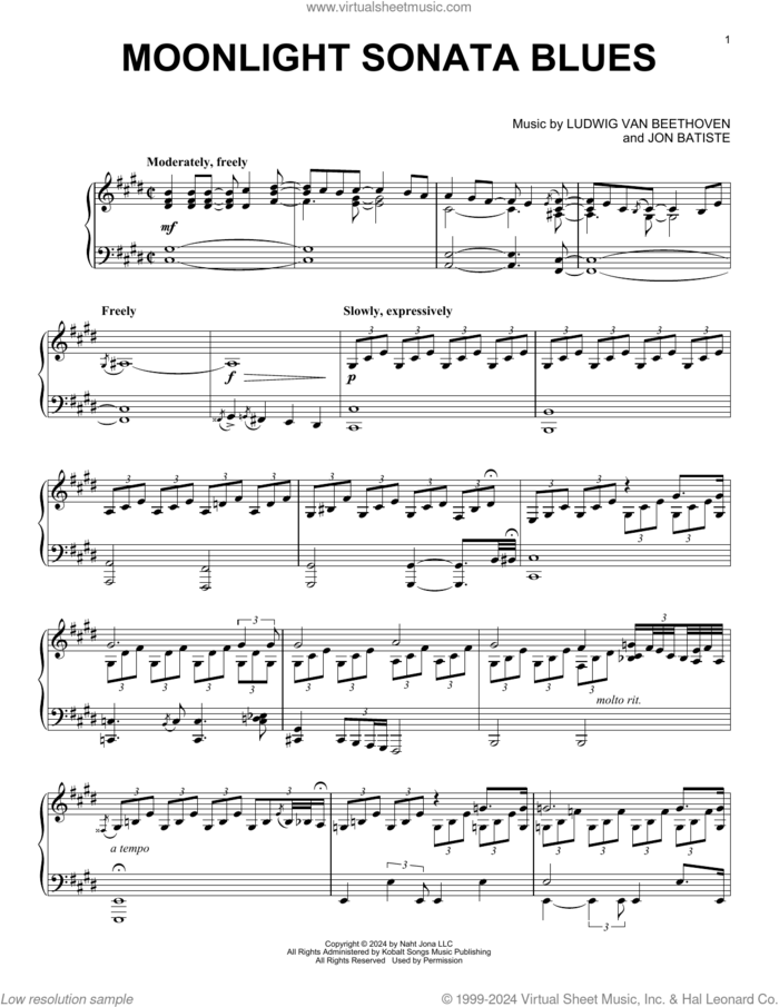 Moonlight Sonata Blues sheet music for piano solo by Jon Batiste and Ludwig Van Beethoven, classical score, intermediate skill level