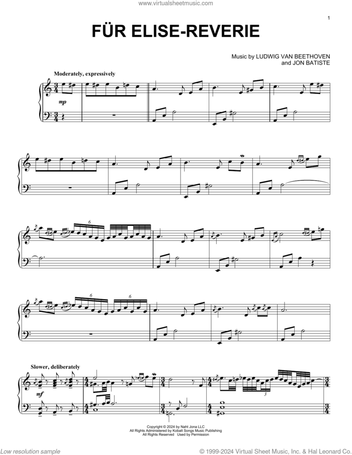 Fur Elise - Reverie sheet music for piano solo by Jon Batiste and Ludwig Van Beethoven, classical score, intermediate skill level