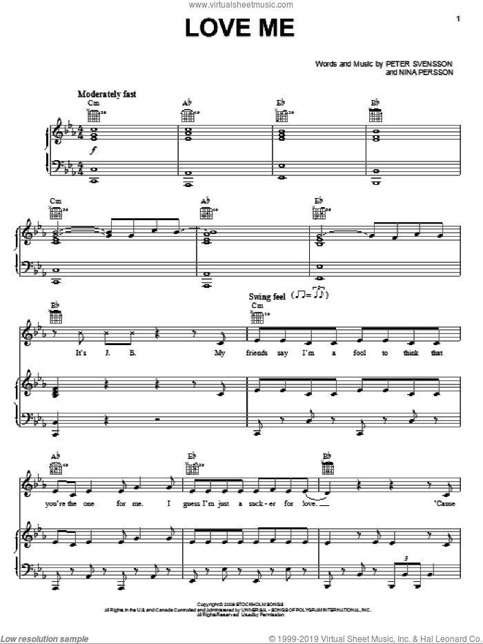 Love Me sheet music for voice, piano or guitar by Justin Bieber, Nina Persson and Peter Svensson, intermediate skill level