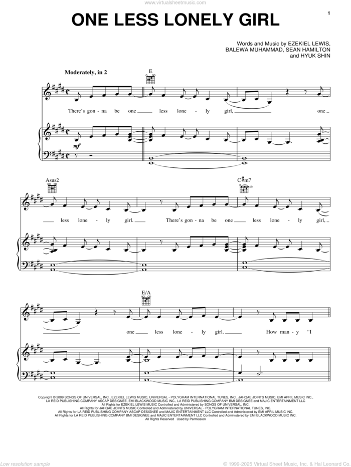 One Less Lonely Girl sheet music for voice, piano or guitar by Justin Bieber, Balewa Muhammad, Ezekiel Lewis, Hyuk Shin and Sean Hamilton, intermediate skill level