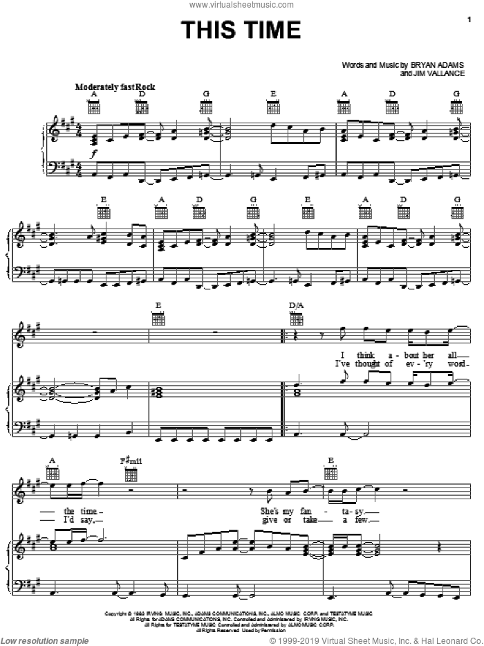 This Time sheet music for voice, piano or guitar by Bryan Adams and Jim Vallance, intermediate skill level