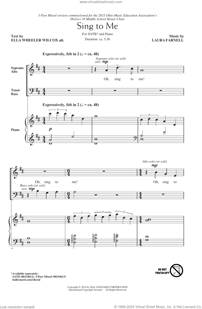 Sing To Me sheet music for choir (SATB: soprano, alto, tenor, bass) by Laura Farnell and Ella Wheeler Wilcox, intermediate skill level