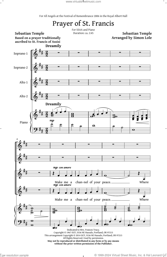 Prayer Of St. Francis (arr. Simon Lole) sheet music for choir (SSAA: soprano, alto) by Sebastian Temple and Simon Lole, intermediate skill level