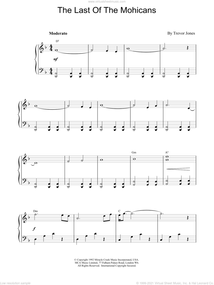The Last of the Mohicans sheet music for piano solo by Trevor Jones and Troy Jones, intermediate skill level