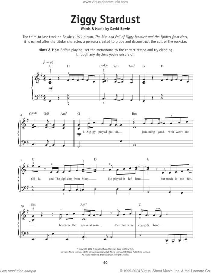 Ziggy Stardust sheet music for piano solo by David Bowie, beginner skill level