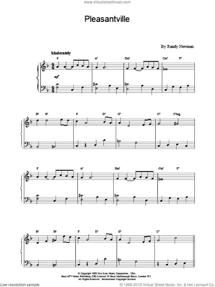 Pleasantville sheet music for piano solo by Randy Newman, intermediate skill level