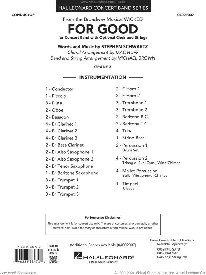 For Good (from Wicked) (arr. Michael Brown) (COMPLETE) sheet music for concert band by Stephen Schwartz and Michael Brown, intermediate skill level