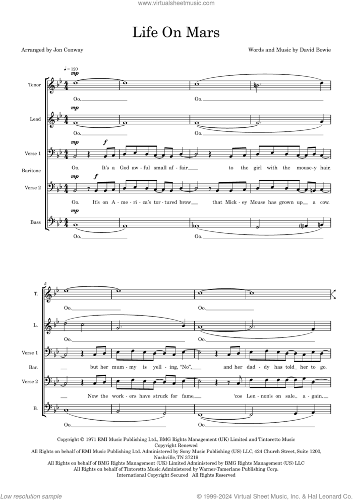 Life On Mars (arr. Jon Conway) sheet music for choir (SSAA: soprano, alto) by David Bowie and Jon Conway, intermediate skill level