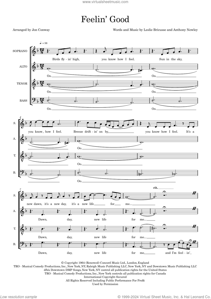 Feelin' Good (arr. Jon Conway) sheet music for choir (SATB: soprano, alto, tenor, bass) by Nina Simone, Jon Conway, Anthony Newley and Leslie Bricusse, intermediate skill level