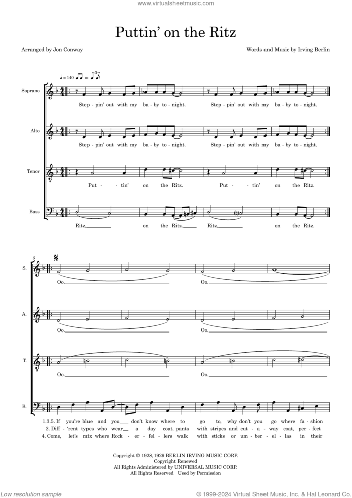 Puttin' On The Ritz (arr. Jon Conway) sheet music for choir (SATB: soprano, alto, tenor, bass) by Taco, Jon Conway and Irving Berlin, intermediate skill level