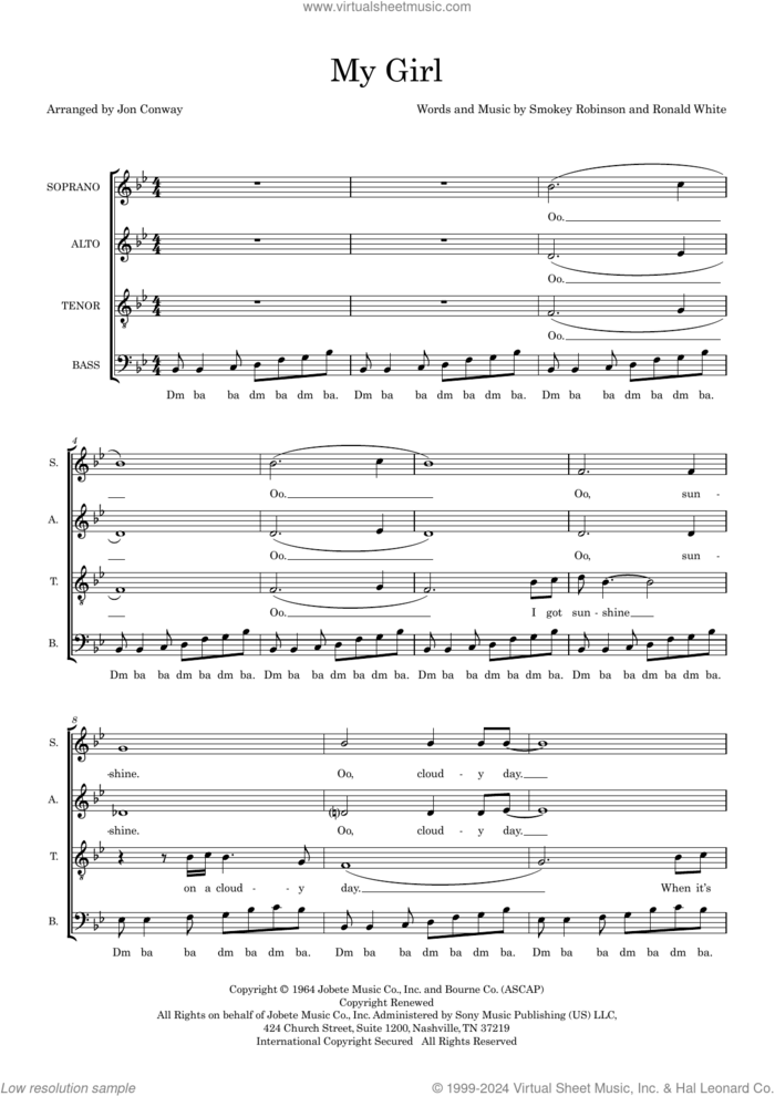 My Girl (arr. Jon Conway) sheet music for choir (SATB: soprano, alto, tenor, bass) by The Temptations, Jon Conway and Ronald White, intermediate skill level