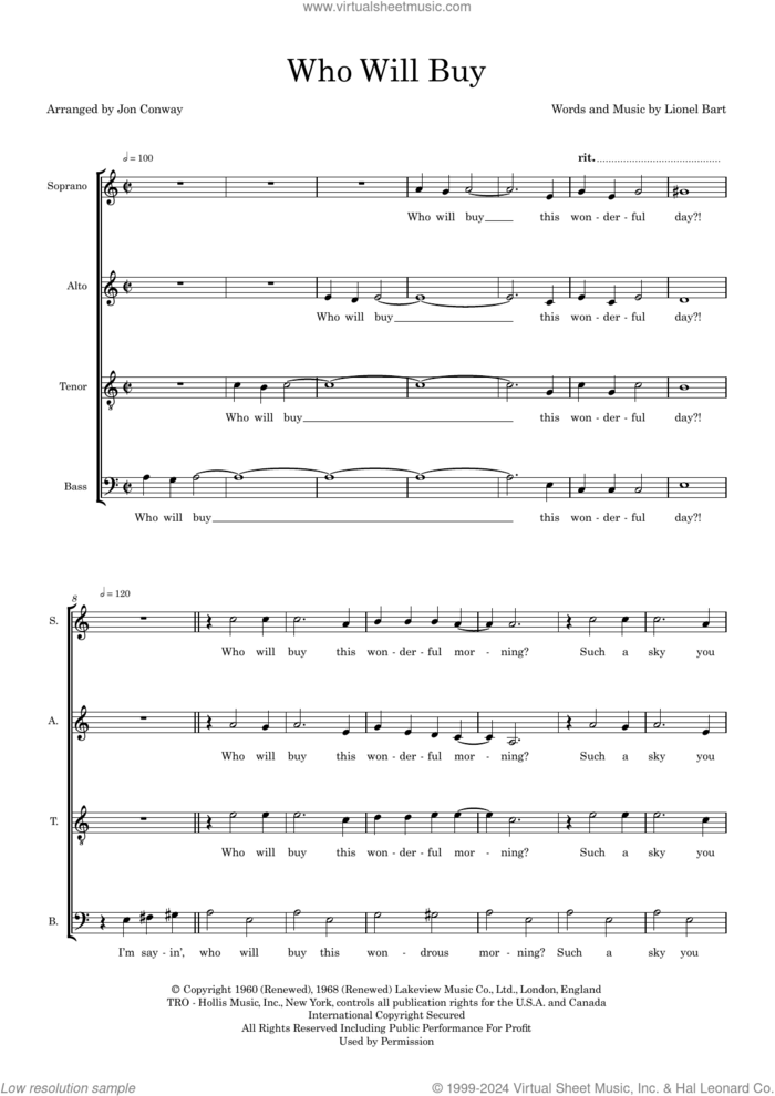 Who Will Buy (arr. Jon Conway) sheet music for choir (SATB: soprano, alto, tenor, bass) by Lionel Bart and Jon Conway, intermediate skill level