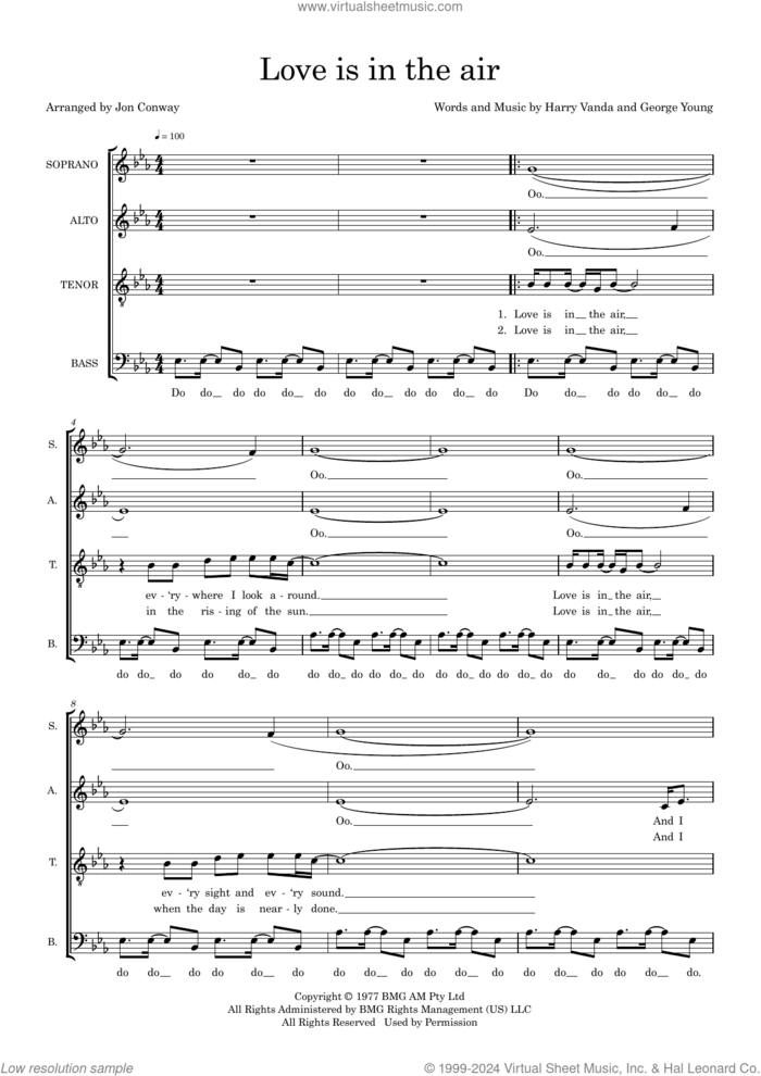 Love Is In The Air (arr. Jon Conway) sheet music for choir (SATB: soprano, alto, tenor, bass) by John Paul Young, Jon Conway, George Young and Harry Vanda, intermediate skill level