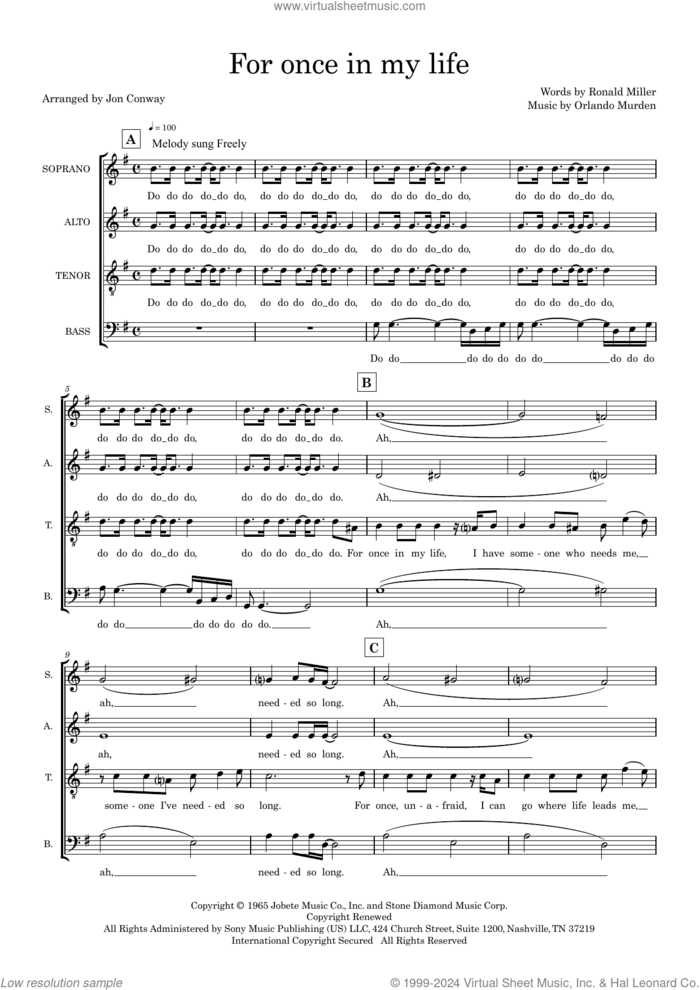 For Once In My Life (arr. Jon Conway) sheet music for choir (SATB: soprano, alto, tenor, bass) by Stevie Wonder, Jon Conway, Orlando Murden and Ron Miller, intermediate skill level