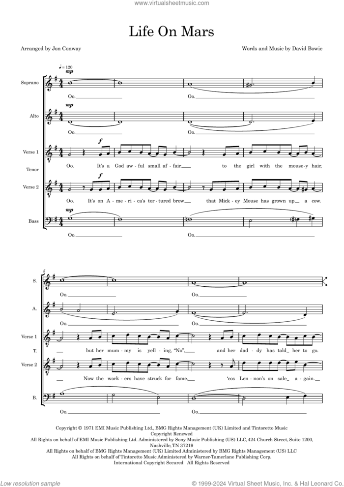 Life On Mars (arr. Jon Conway) sheet music for choir (SATB: soprano, alto, tenor, bass) by David Bowie and Jon Conway, intermediate skill level