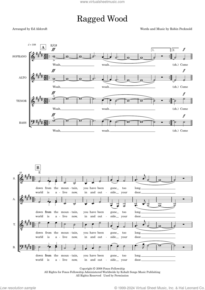 Ragged Wood (arr. Ed Aldcroft) sheet music for choir (SATB: soprano, alto, tenor, bass) by Robin Pecknold, Ed Aldcroft and Fleet Foxes, intermediate skill level