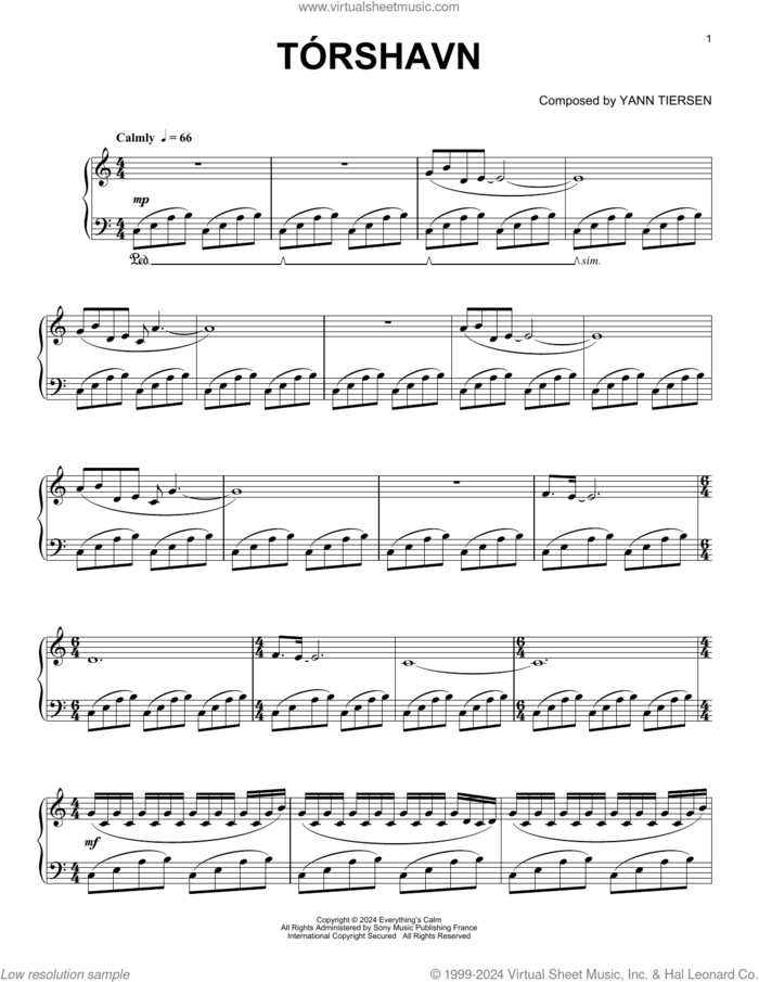 Torshavn sheet music for piano solo by Yann Tiersen, intermediate skill level