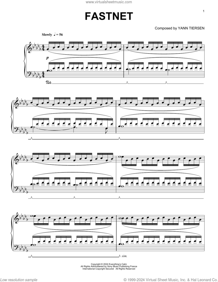 Fastnet sheet music for piano solo by Yann Tiersen, intermediate skill level