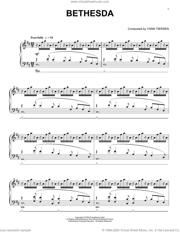 Bethesda sheet music for piano solo by Yann Tiersen, intermediate skill level