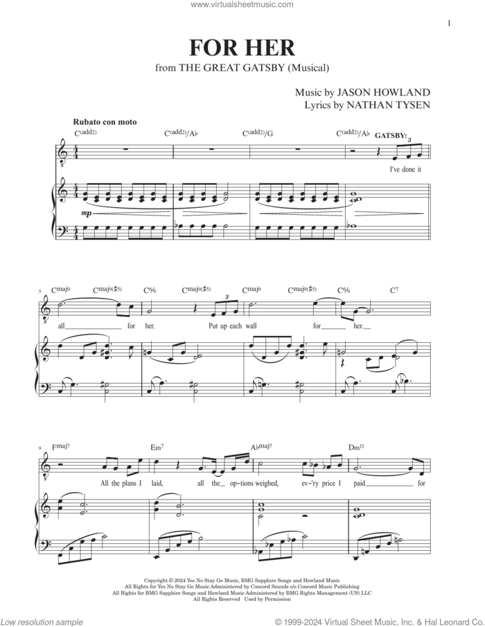 For Her (from The Great Gatsby) sheet music for voice and piano by Jason Howland, Jason Howland & Nathan Tysen and Nathan Tysen, intermediate skill level