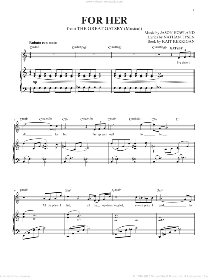 First page preview For Her (from The Great Gatsby) sheet music for voice and piano by Jason Howland, Jason Howland & Nathan Tysen and Nathan Tysen, intermediate skill level