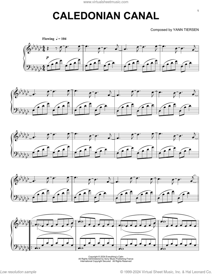 Caledonian Canal sheet music for piano solo by Yann Tiersen, intermediate skill level