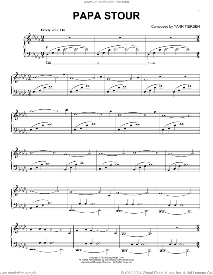 Papa Stour sheet music for piano solo by Yann Tiersen, intermediate skill level