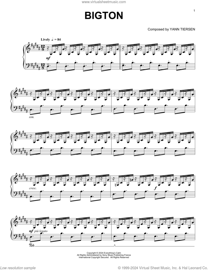 Bigton sheet music for piano solo by Yann Tiersen, intermediate skill level