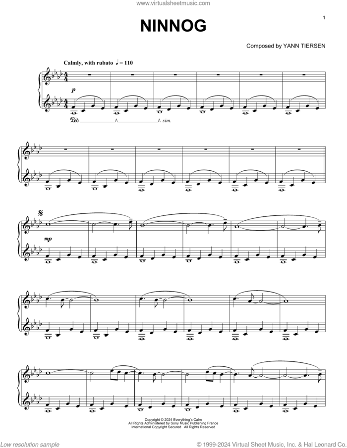 Ninnog sheet music for piano solo by Yann Tiersen, intermediate skill level