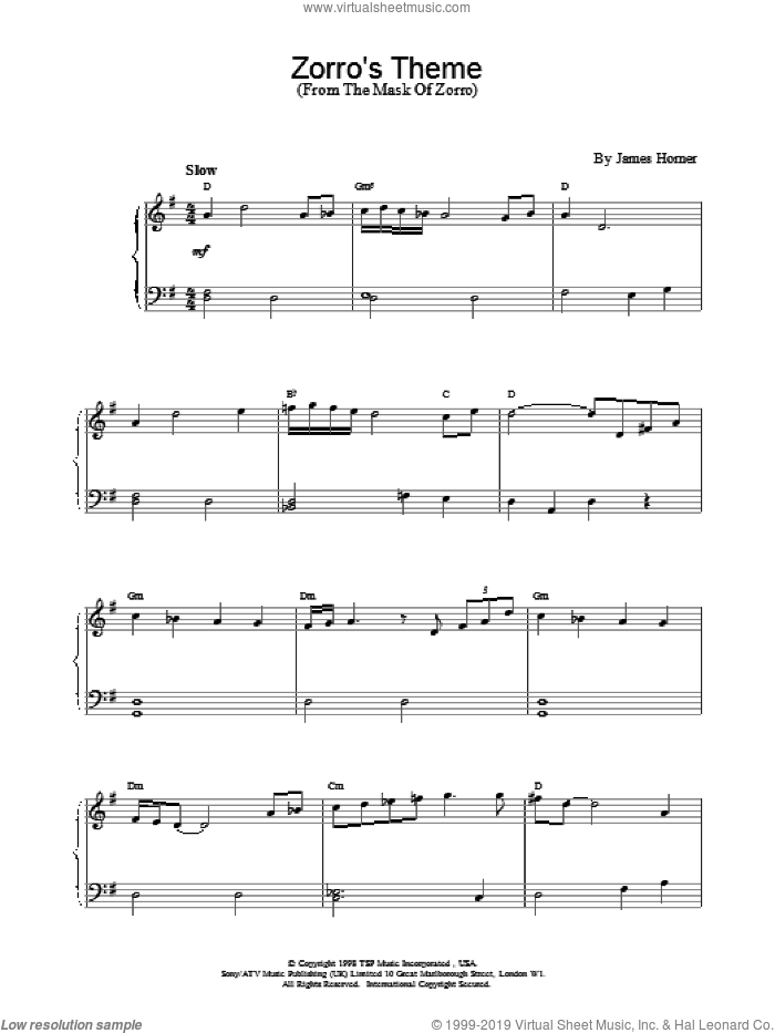 Zorro's Theme sheet music for piano solo by James Horner, intermediate skill level