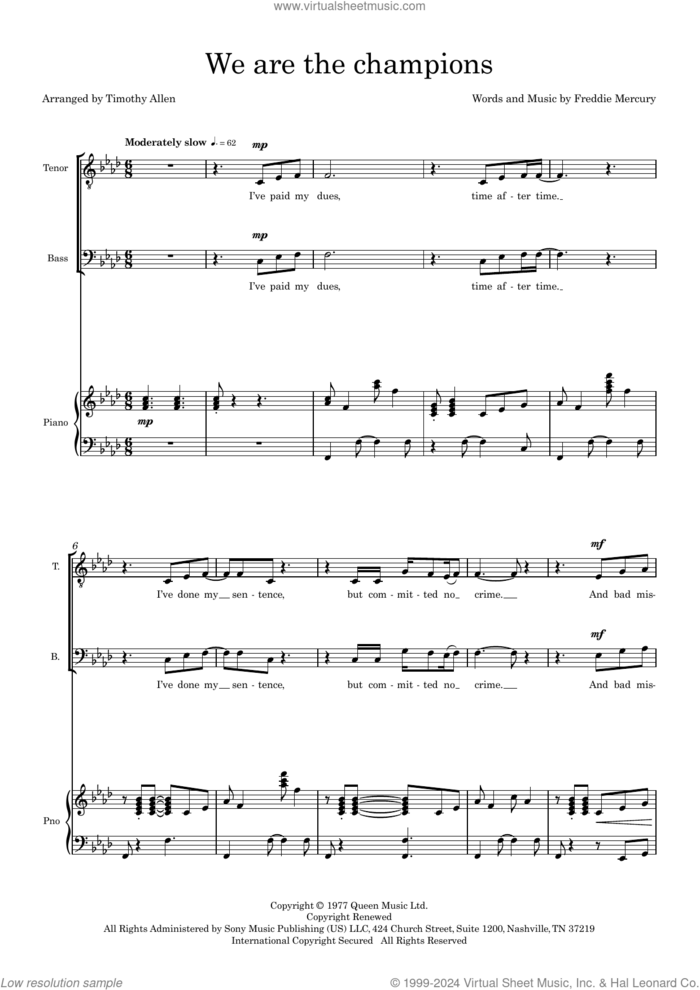 We Are The Champions (arr. Tim Allen) (COMPLETE) sheet music for orchestra/band (SSAATB) by Queen, Freddie Mercury and Tim Allen, intermediate skill level