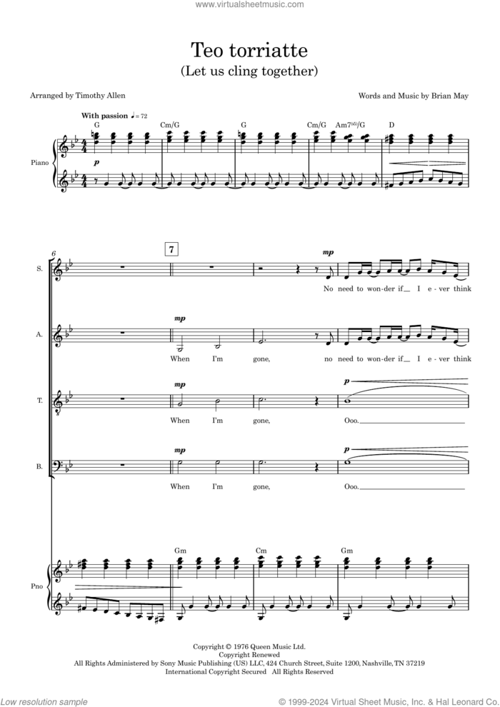 Teo Torriate (arr. Tim Allen) (COMPLETE) sheet music for orchestra/band (SATB) by Tim Allen, Brian May and Queen, intermediate skill level