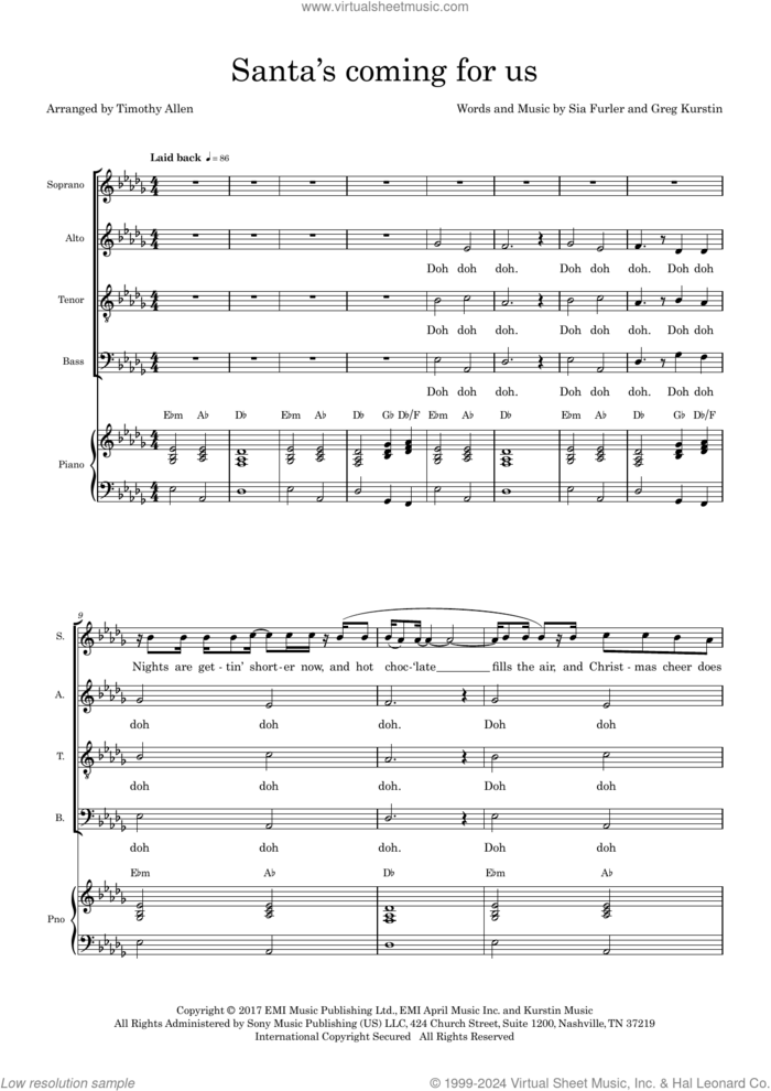 Santa's Coming For Us (arr. Tim Allen) (COMPLETE) sheet music for orchestra/band (SATB) by Sia, Greg Kurstin, Sia Furler and Tim Allen, intermediate skill level